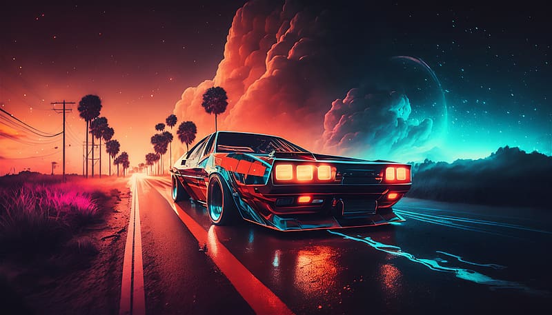Synthwave Road, vector, Synthwave, colorful, cars, graphics, Road, HD wallpaper