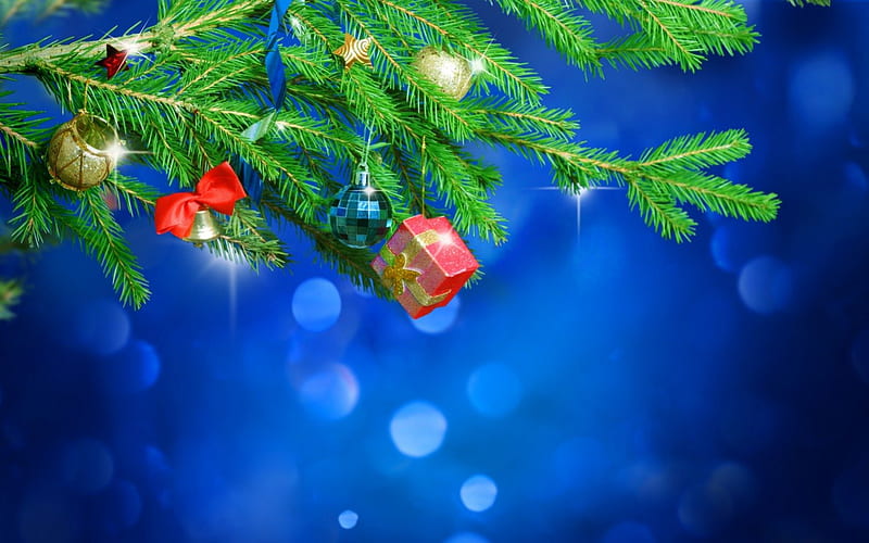 Merry Christmas!, tree, green, christmas, glitter, fir, gift, blue, HD wallpaper