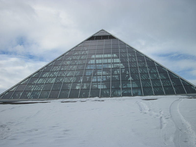 Snow day at the Pyramids of Edmonton, Pyramids, graphy, snow, white, clouds, sky, Glass, Winter, HD wallpaper