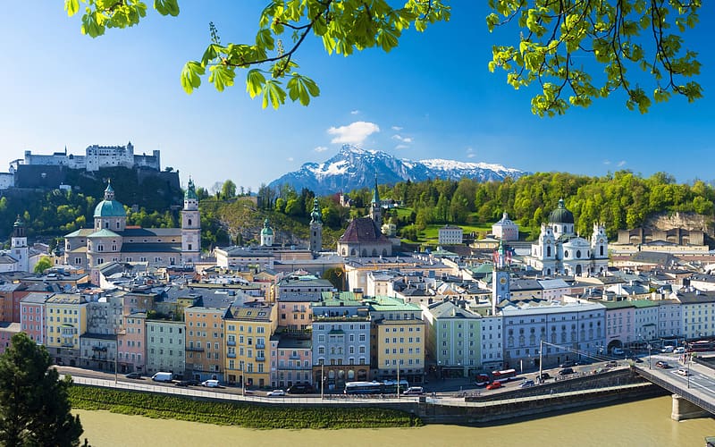 Salzburg, Austria, landmark, cityscape, Festungsberg Mountain, Collegiate Church, Franciscan Church, Salzach River for with resolution . High Quality, HD wallpaper