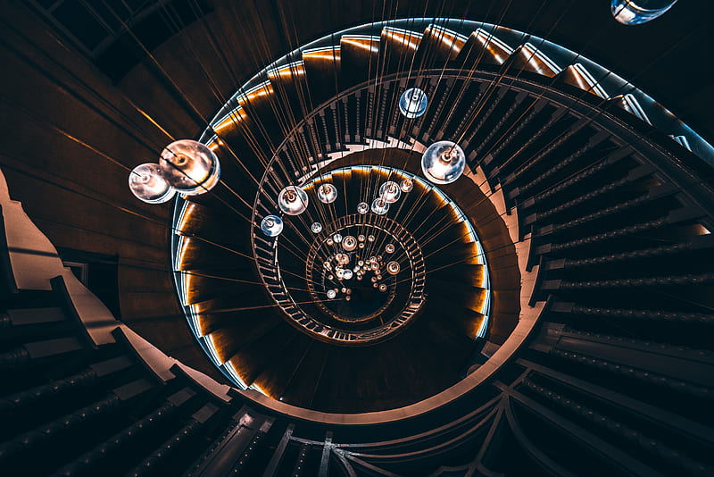 staircase, spiral staircase, light bulbs, spiral, HD wallpaper