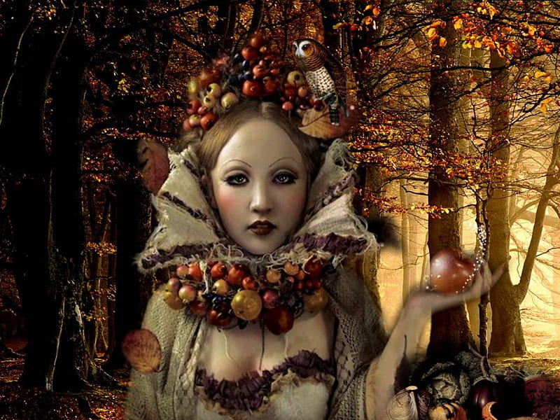 Fantasy Girl, Autumn Abundance, apple, red, owl, forest, brown, orange, black, trees, fruit, fantasy, gold, girl, peach, vegetables, HD wallpaper