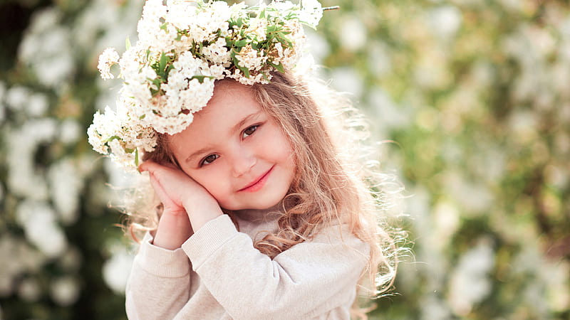 Smiley Cute Little Girl With Flower Wreath On Head Is Leaning Head On Hands Wearing White Dress Cute, HD wallpaper