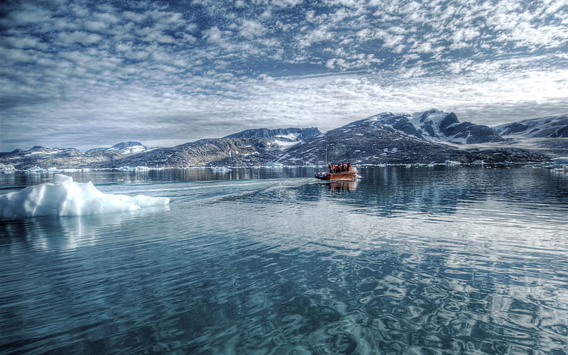 Icy Waters, boat, snow, ocean, fishermen, ice, clouds, winter, HD wallpaper