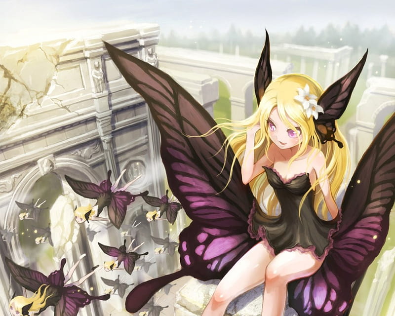 Fairy Kingdom, dress, blond, float, wing, anime, hot, anime girl, long hair, top, fairy, female, roof, wings, high, blonde, blonde hair, sexy, roof top, blond hair, cute, fly, girl, flying, HD wallpaper