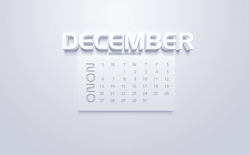 2020 December Calendar, 3d white art, white background, 2020 calendars, December 2020 calendar, winter 2020 calendars, December, HD wallpaper