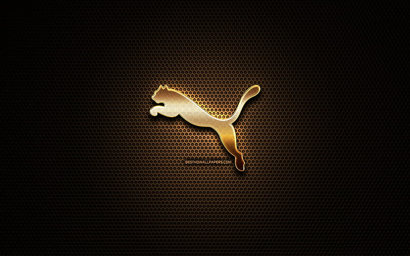 Puma glitter logo, creative, metal grid background, Puma logo, brands, Puma, HD wallpaper