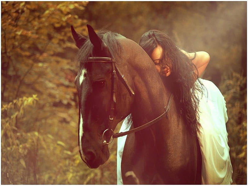 Girl on Horseback, with closed eyes, beautiful horse, dreaming, beautiful nature, beautiful girl with long hair, on horseback, HD wallpaper