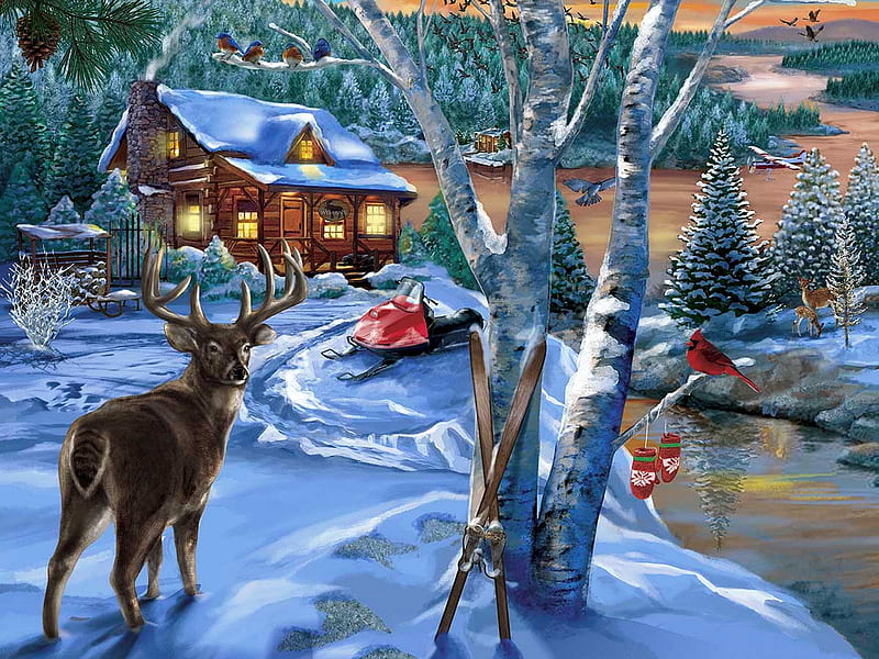 Holiday visitors, ice, winter, deer, Christmas, art, house, holiday, countryside, visitors, snow, frost, HD wallpaper