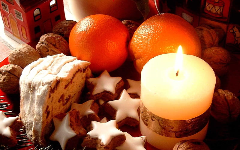 candle fruits, christmas, food, fruits, candles, oranges, star, HD wallpaper