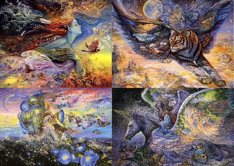 Collage of Josephine Wall Art, tiger, josephine, dragon, sea, faerie, fantasy, moon, butterfly, feather, bubbles, fairy, art, wings, ocean, unicorn, colors, wall, HD wallpaper