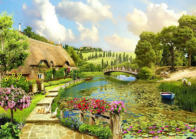 Green garden, boat, green, bridge, hose, garden, bonito, countrsyde, house, pond, peaceful, HD wallpaper