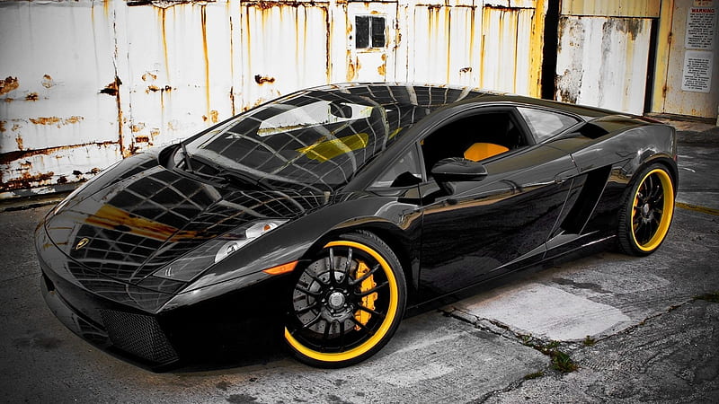 Gallardo, Black, Lamborghini, Yellow Rims, HD wallpaper
