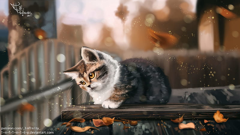 kitten, cat, leaves, autumn, art, HD wallpaper