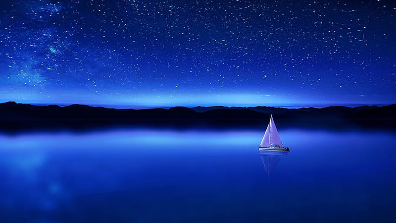 Sailing Blues, stars, ocean, sailing, sky, sea, boat, mountains, sailboat, Firefox Persona theme, blue, HD wallpaper
