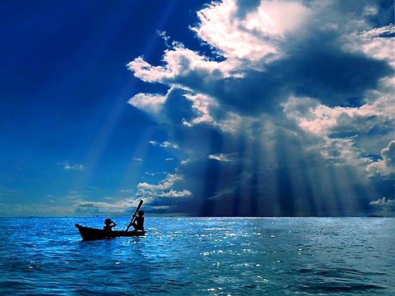 Sky blue rays, boat, two people, blue sea and sky, clouds, light rays, HD wallpaper