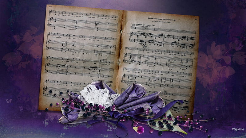 Vintage Music, music, lace, goth, flowers, pods, swag, paper, Gothic, score, vintage, HD wallpaper