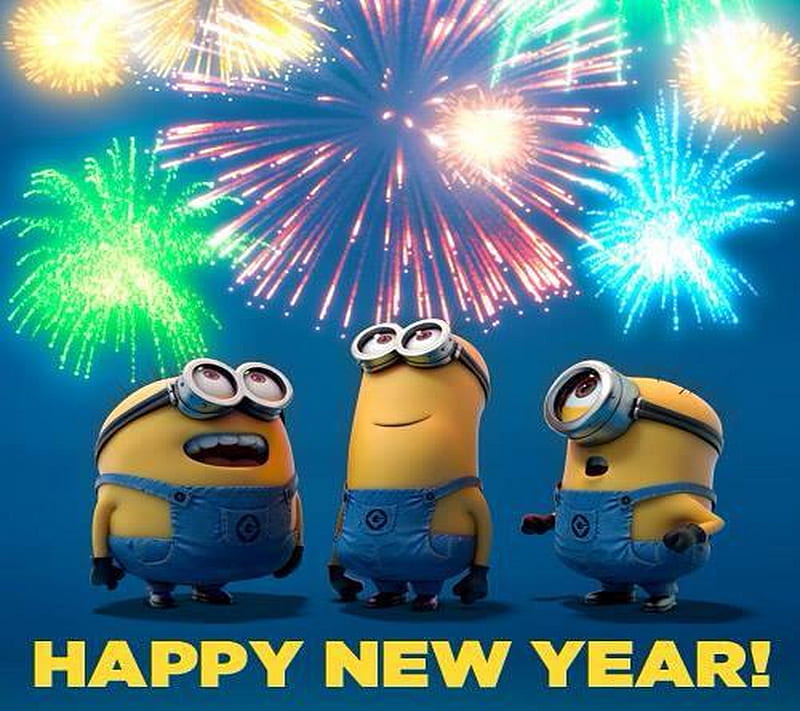 Happy New Year, 2014, fireworks, minions, HD wallpaper