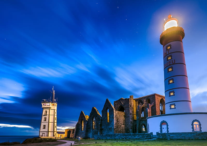 Pointe Saint Mathieu Lighthouse, cloud, sky, blue, lighthouse, HD wallpaper