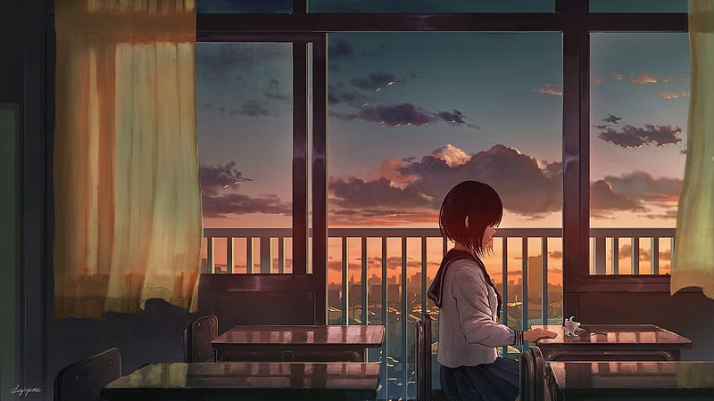 anime school girl, crying, classroom, clouds, sunset, scenic, flower, Anime, HD wallpaper
