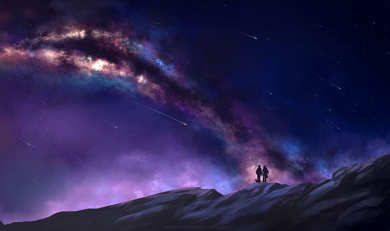 Sky, Stars, Silhouette, Couple, Starry Sky, Milky Way, Sci Fi, Shooting Star, HD wallpaper
