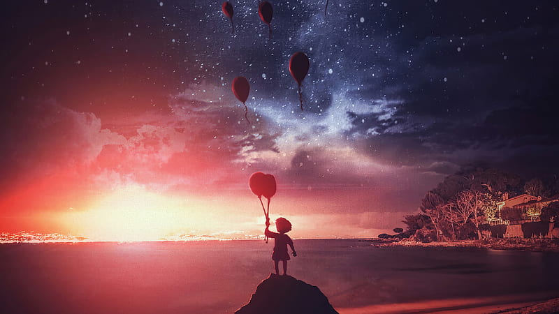 Little Boy Air Balloons , air-balloon, sky, artist, artwork, digital-art, HD wallpaper