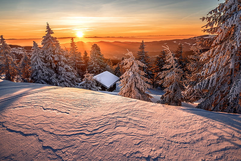 graphy, Winter, Forest, Hut, Mountain, Sky, Snow, Sun, Sunset, HD wallpaper