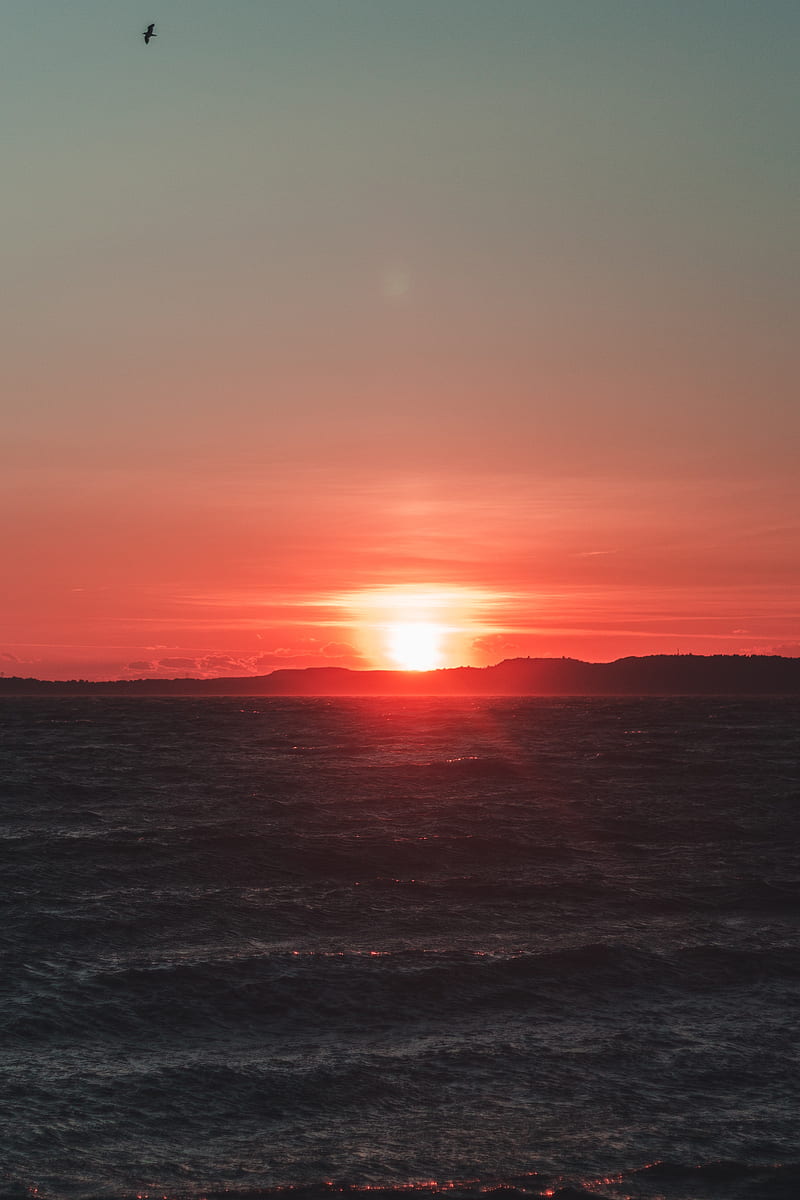 sunset, sea, sun, waves, shore, red, HD phone wallpaper