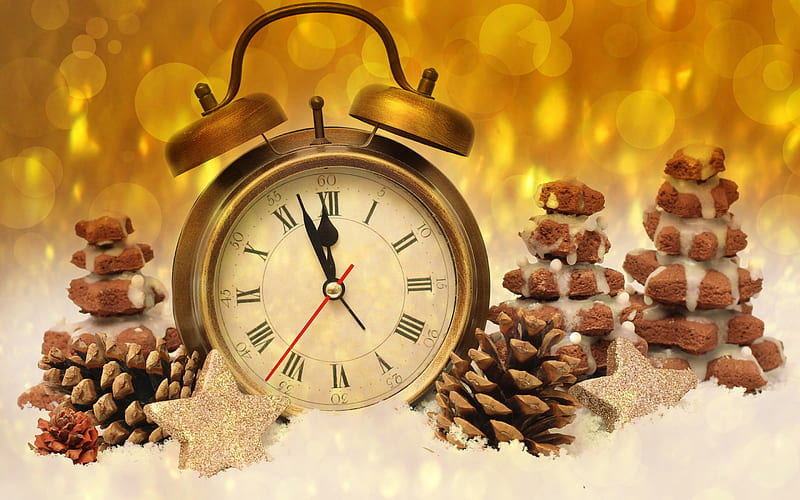 Midnight, New Year, winter, Happy New Year 2019, gold watch, pine cones, snow, gold background, HD wallpaper