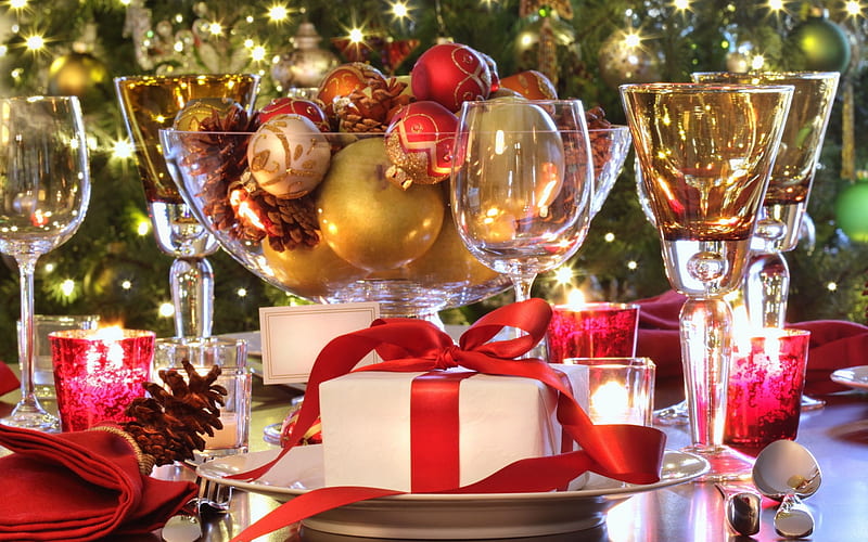 Holiday dinner, New year, Gifts, Glasses, Decoration, Table, Balls, HD wallpaper