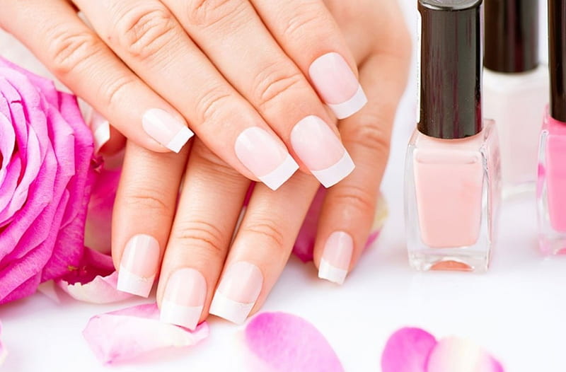 :), hands, nail polish, petals, pink, HD wallpaper