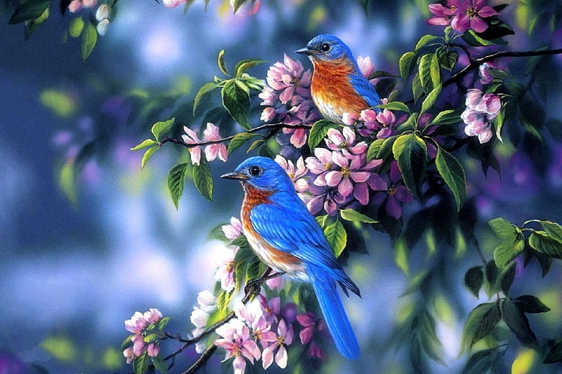 Birds Mouse Pad, paintings, birds, flowers, love four seasons, nature, spring, animals, HD wallpaper