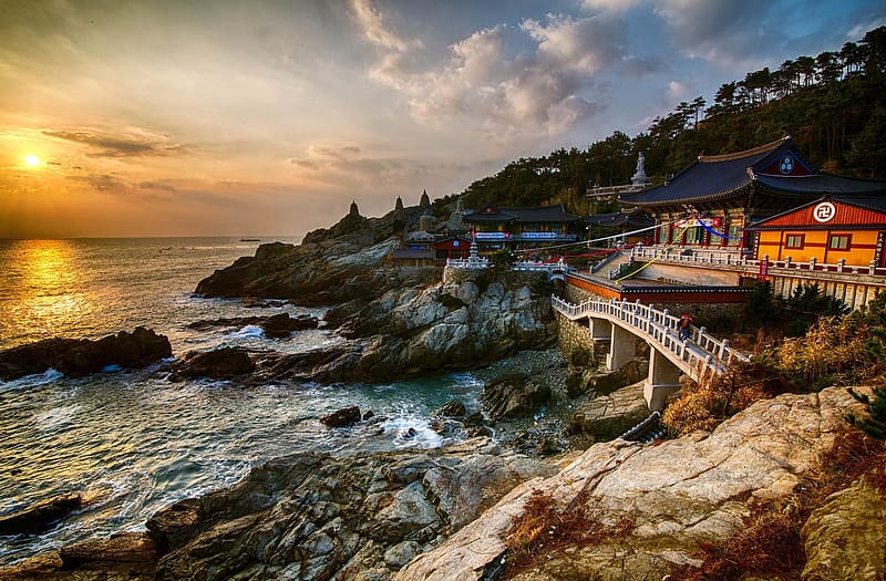 Sunset, Temple, South Korea, Temples, Korea, Religious, Seashore, Buddhist Temple, Gijang Gun, Haedong Yonggung Temple, HD wallpaper
