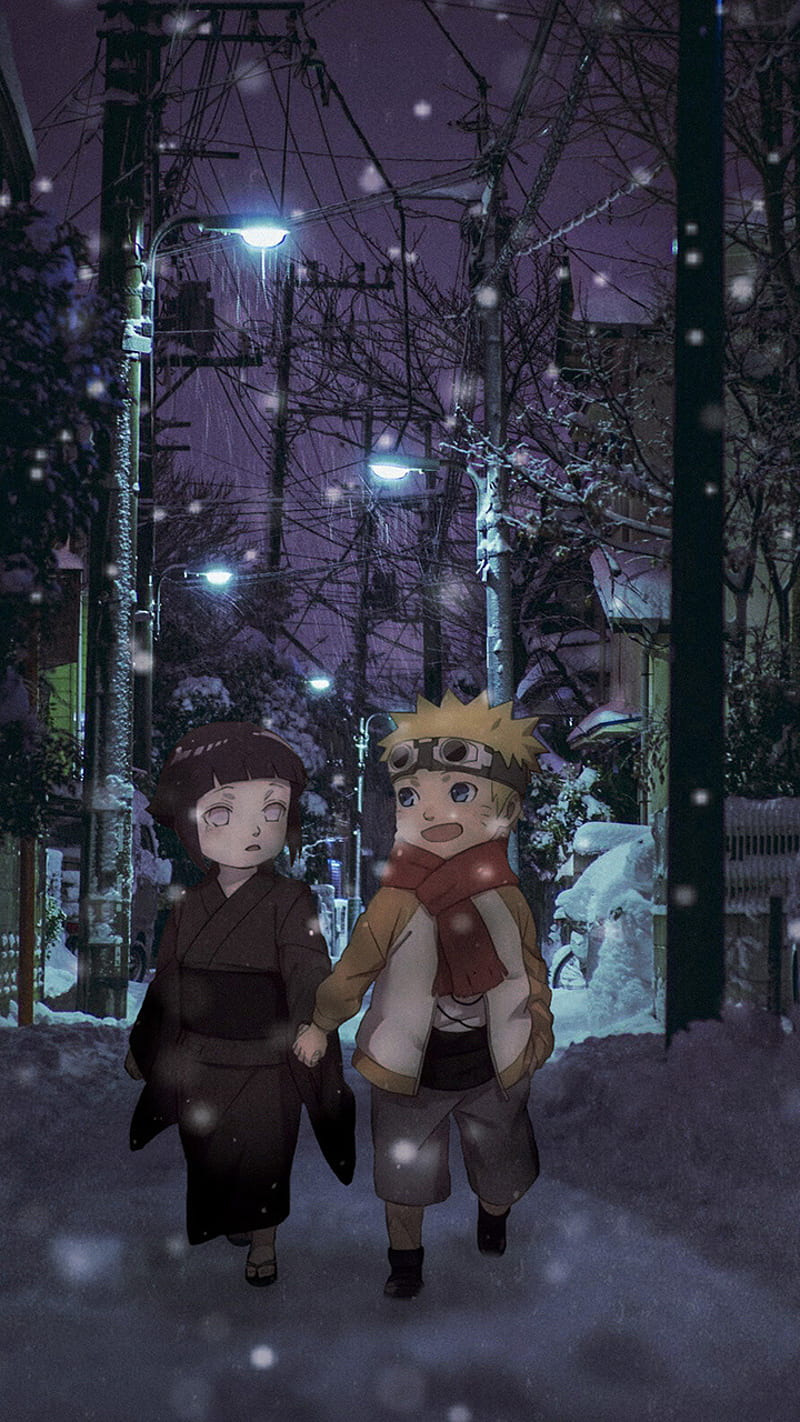 Naruto and Hinata, anime, copule, konoha, landscape, love, shippuden, snow, HD phone wallpaper