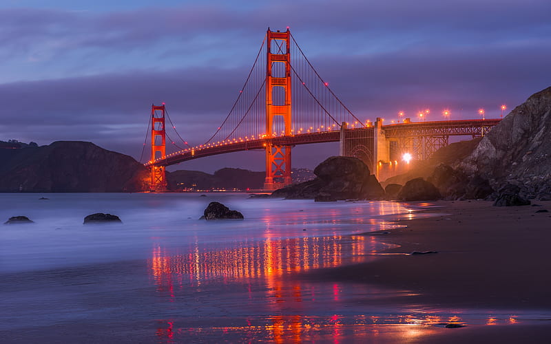 Golden Gate Bridge, San Francisco, evening, sunset, Landmark, California, USA, HD wallpaper