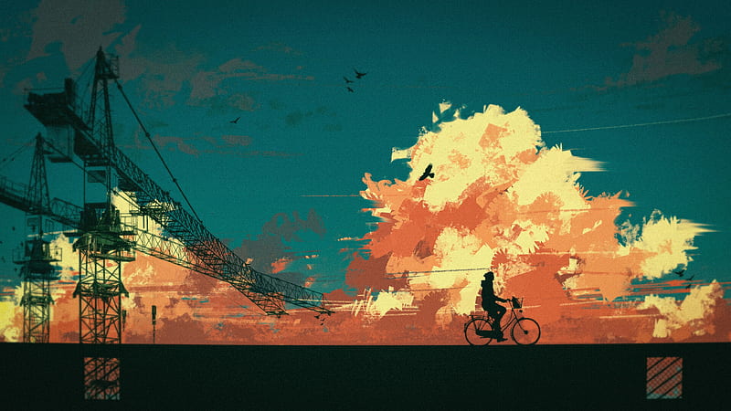 cyclist, silhouette, bicycle, clouds, art, HD wallpaper
