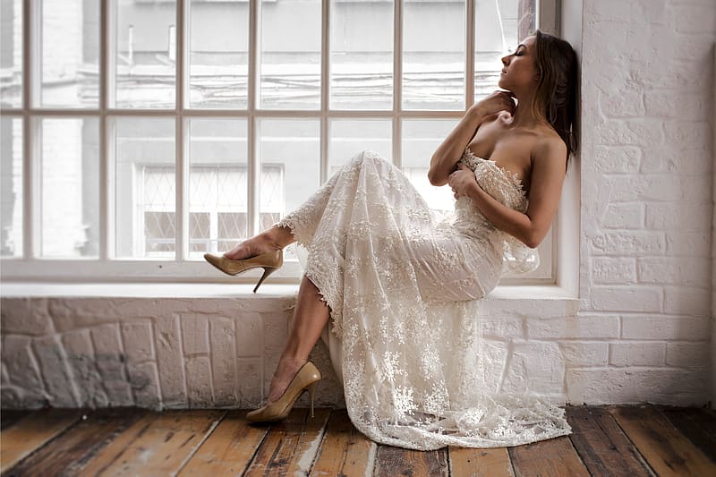 Brunette in Lace Dress In a Window Sill, model, window, dress, brunette, high heels, HD wallpaper