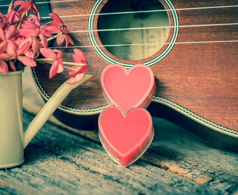 guitar, romantic, love, heart, flowers, pink, vintage, HD wallpaper
