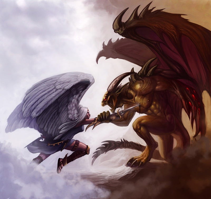 Archangel vs Demon Lord, demons, angel vs demon, archangel, angels, HD wallpaper