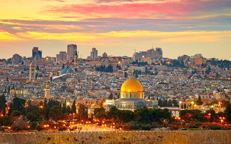Jerusalem, Dome of the Rock, sunset, evening city, Middle East, Palestine, cityscapes, HD wallpaper