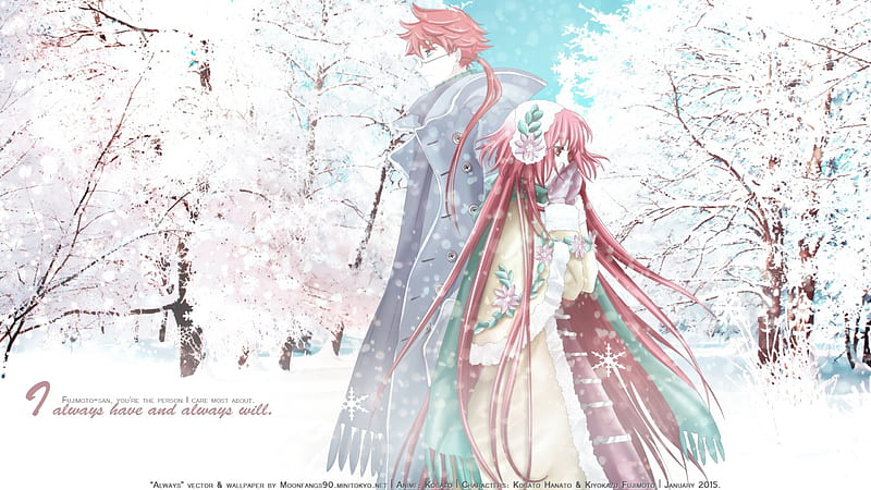Kobato, romance, manga, winter, snow, anime, love, long hair, couple, HD wallpaper