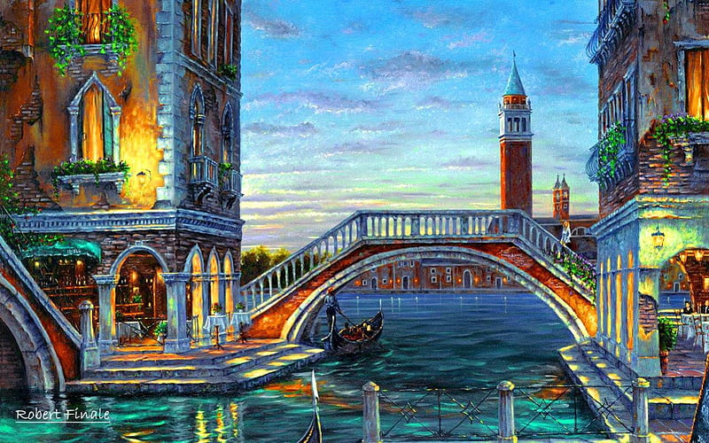 Evening in Venice, pretty, lovely, romantic, Italy, dusk, bonito, sky, Venice, nice, water, painting, river, evening, reflection, gondola, light, HD wallpaper