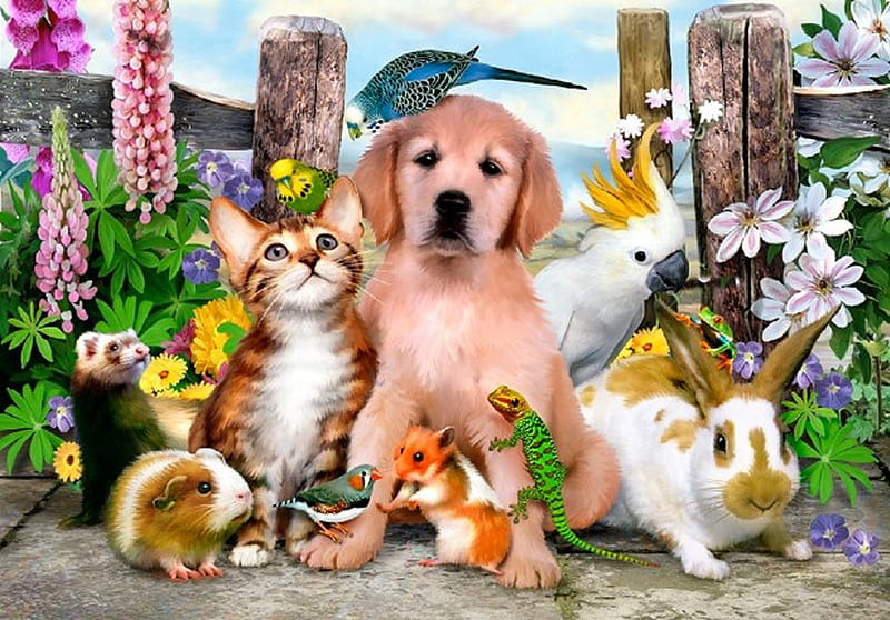 By Howard Robinson, art, rabbit, friend, cat, animal, painting, flower, kitten, howard robinson, puppy, dog, HD wallpaper