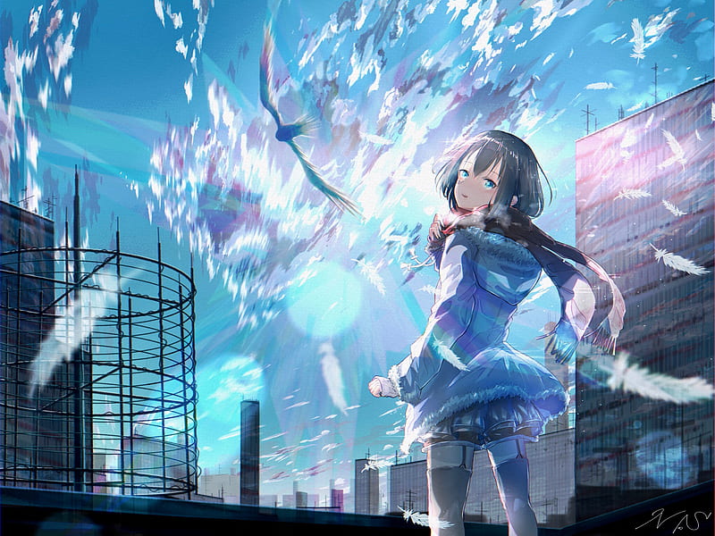 Anime, Original, Bird, Black Hair, Blue Eyes, Building, Girl, Rooftop ...