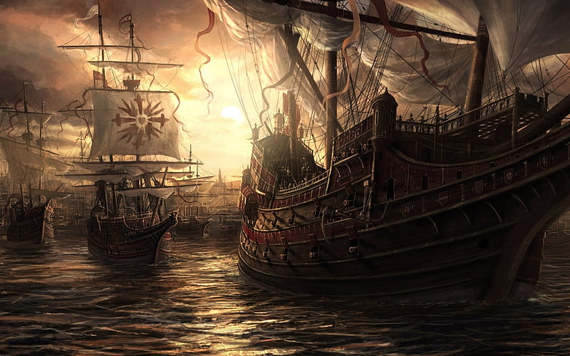 sailing ships, pirate, flags, ocean, Fantasy, HD wallpaper