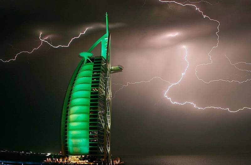 Lightnings Over Dubai, skyscraper, rays, buildings, Burj al Arab, storm, Hotel, night, HD wallpaper