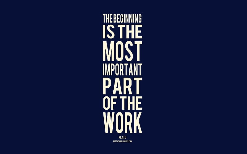 The beginning is the most important part of the work, Plato quotes, blue background, minimalism, popular quotes, HD wallpaper