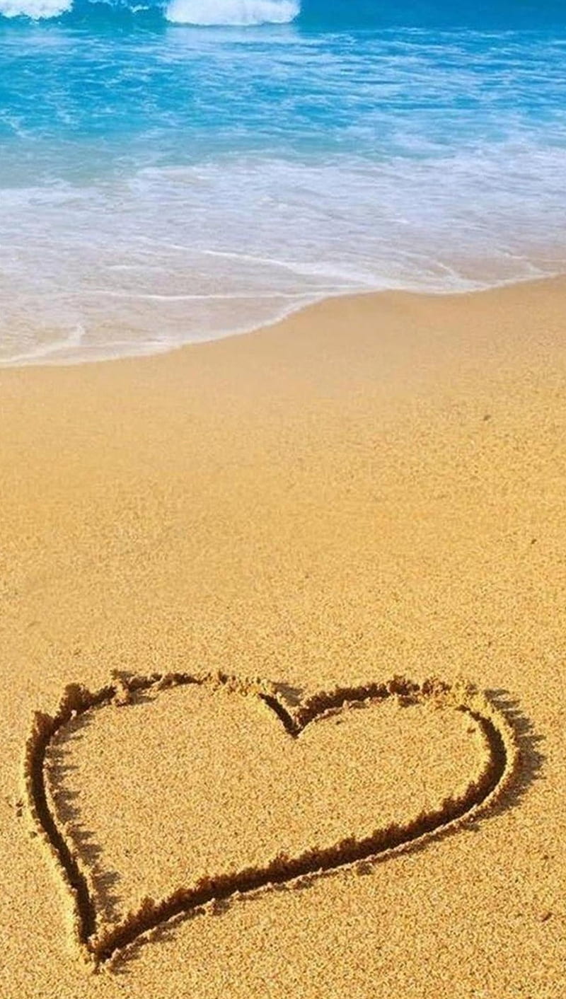 Heart, beach, bonito, blue, life, love, nature, sand, sea, HD phone wallpaper