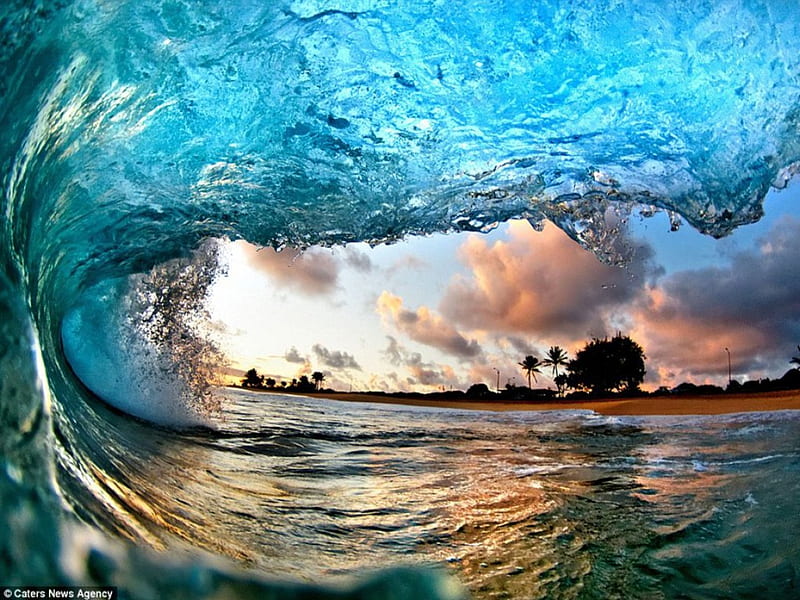 blue wave, clowds, vieu, wave, ocean, HD wallpaper