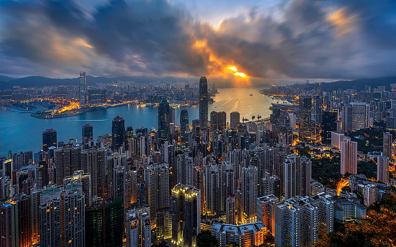 Hong Kong, International Commerce Centre, Sky100, International Finance Centre, skyscrapers, sunset, bay, China, HD wallpaper